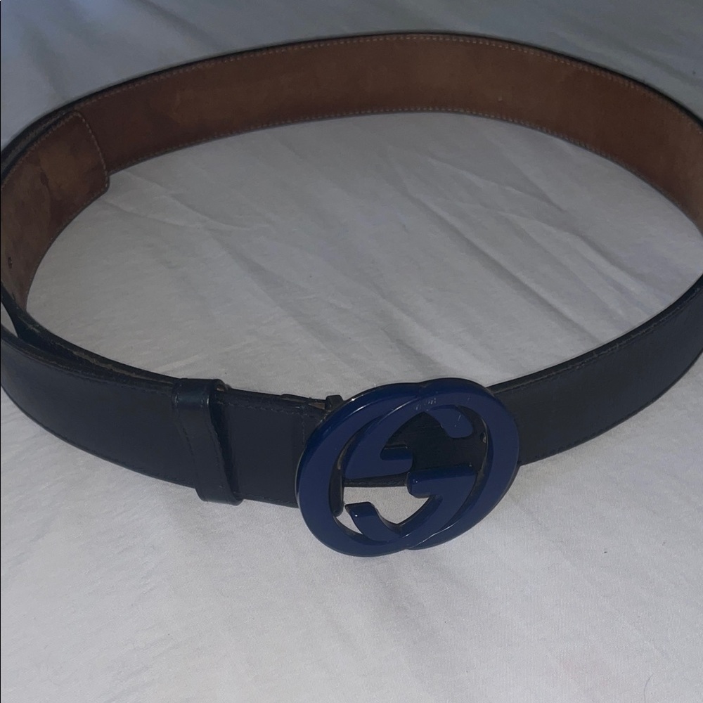 Men's Navy Blue Leather Belt with Blue Buckle